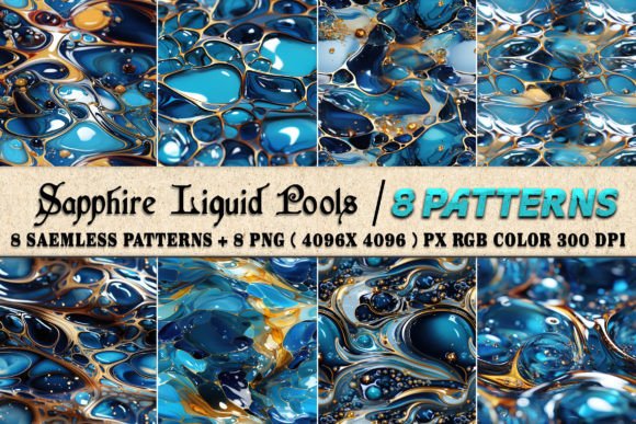 Elevate Your Creative Projects with Sapphire Liquid Pools 8 Patterns Papers and PNG Backgrounds
