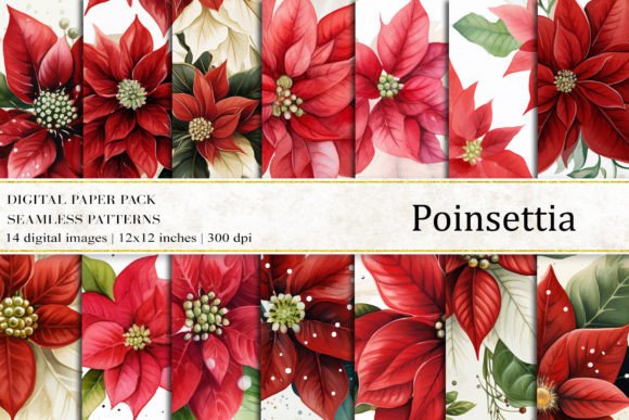 Watercolor Poinsettia Digital Papers for Creative Projects